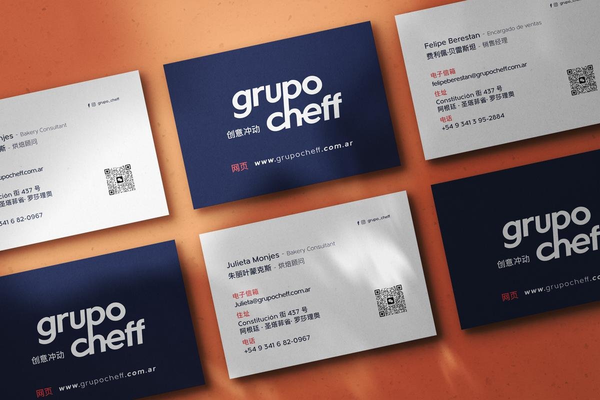 Tarjetas personales de Grupo Cheff, pieza institucional bilingüe